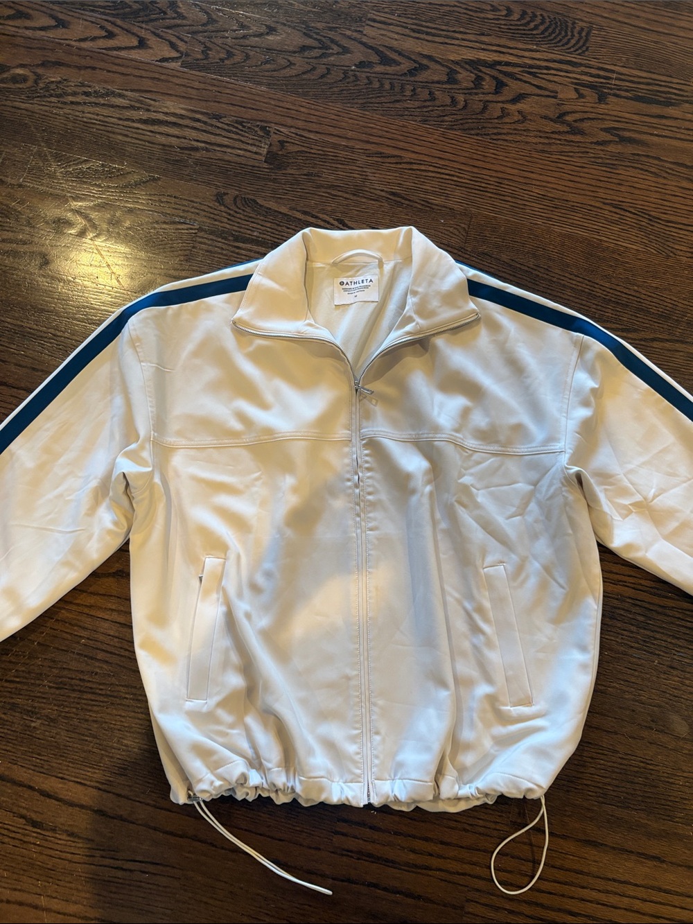 Athleta White Track Jacket with Blue Shoulder Stripe